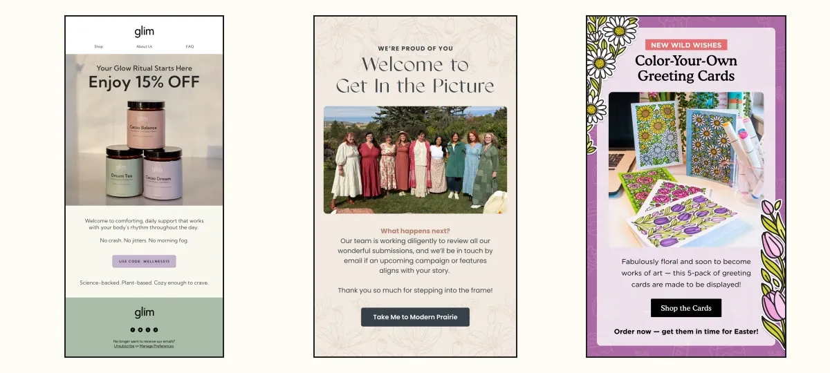 Campaign and welcome emails for Glim, Modern Prairie and A Brighter Year